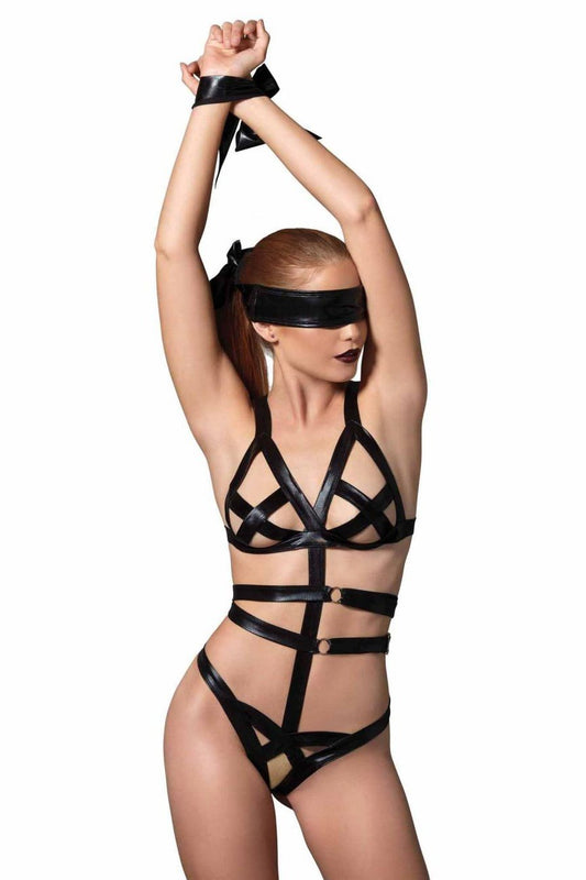3 Piece Wet Look Bondage G-String Teddy with Restraints Free Shipping