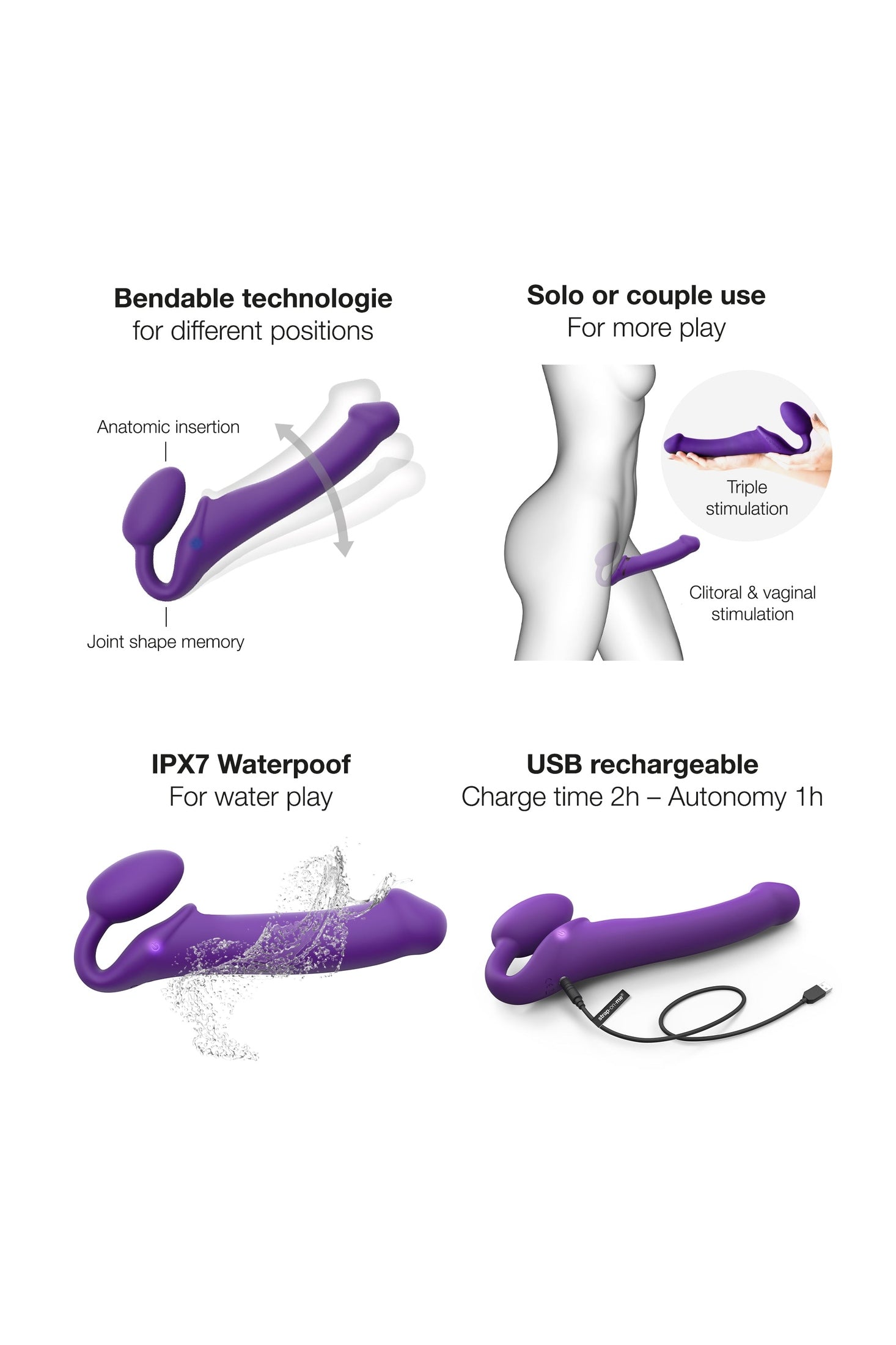 VIBRATING BENDABLE STRAP-ON - XL - PURPLE