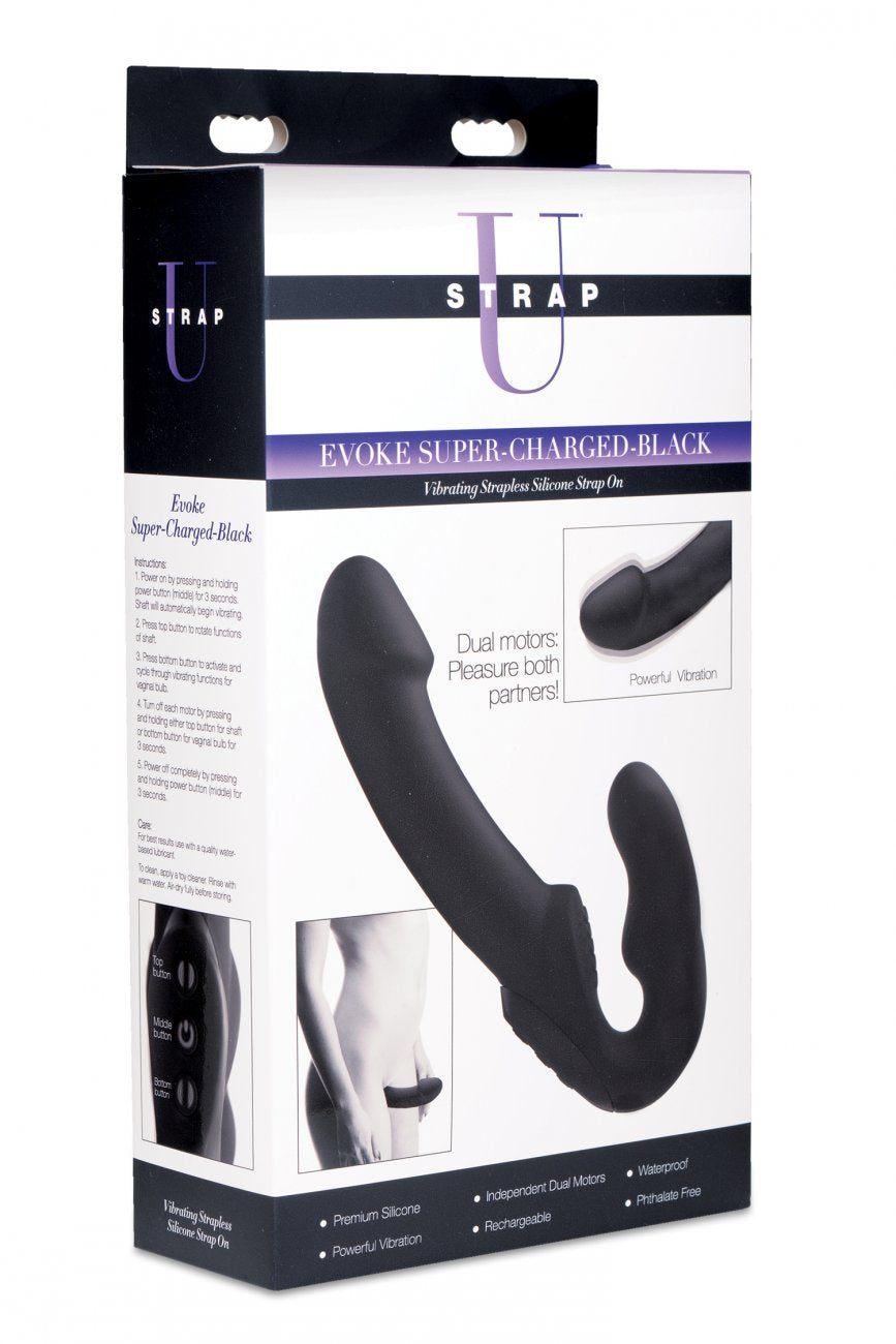 Evoke Rechargeable Vibrating Silicone Strapless Strap On - Black freeshipping - ToysZone.ca