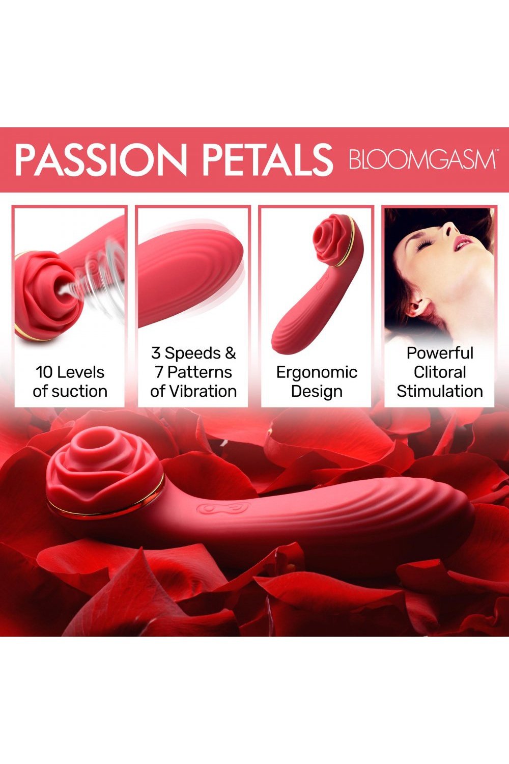 Passion Petals 10X Silicone Suction Rose Vibrator - Red Free Shipping