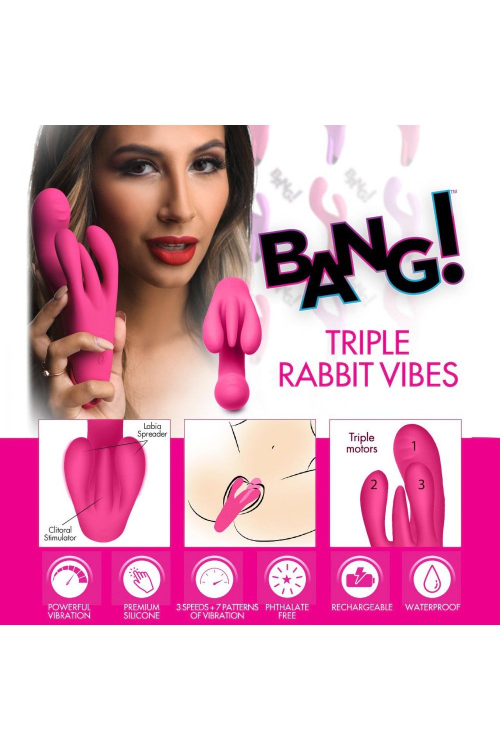 10X Triple Rabbit Silicone Vibrator - Pink Free Shipping