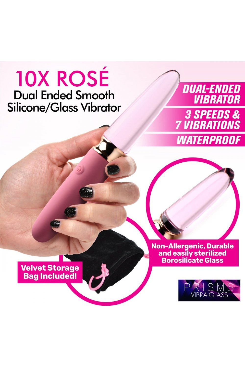 10X Rosé Dual Ended Smooth Silicone and Glass Vibrator Free Shipping