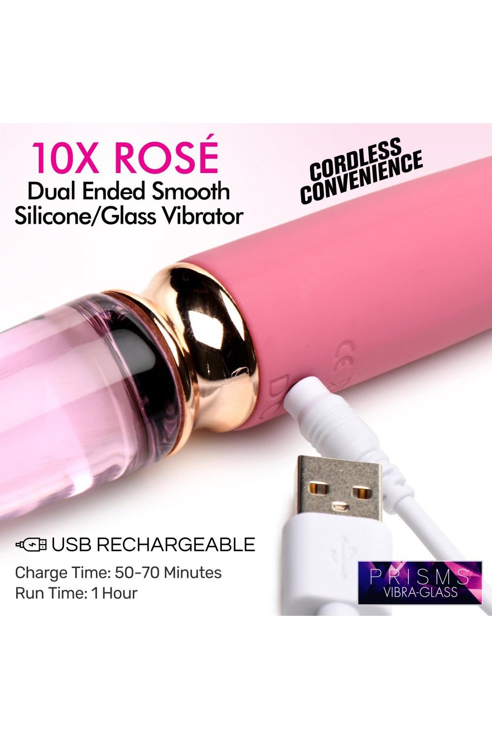 10X Rosé Dual Ended Smooth Silicone and Glass Vibrator Free Shipping