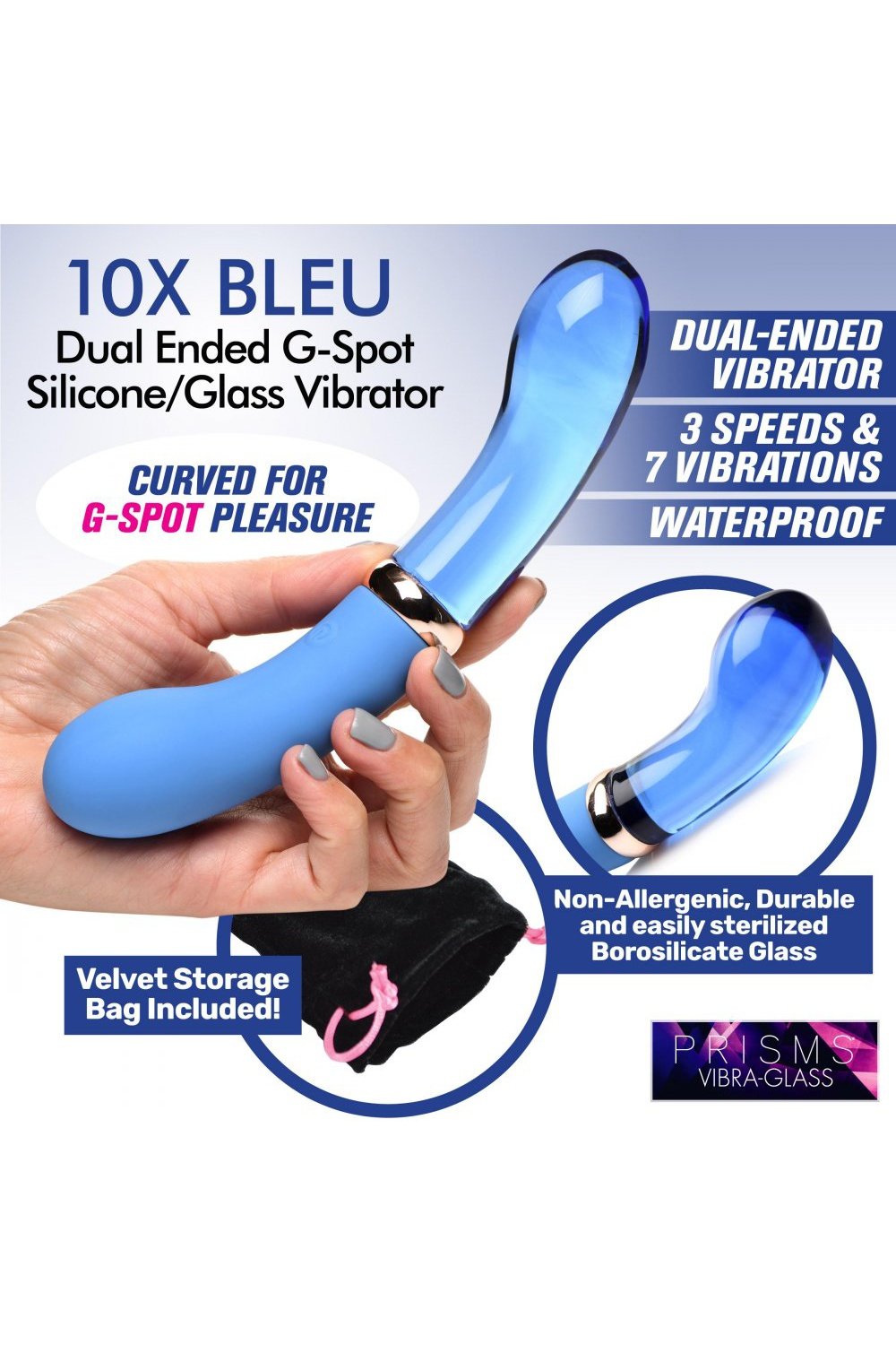 10X Bleu Dual Ended G-Spot Silicone and Glass Vibrator Free Shipping