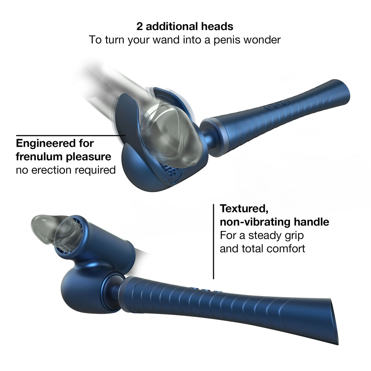Two MAN.WAND EDGY Stellar Blue attachments showing their positioning and the wand’s textured handle.