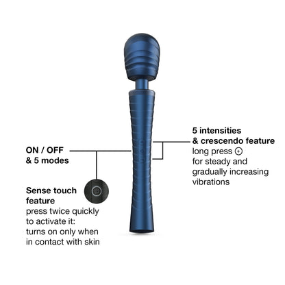 MAN.WAND EDGY controls with five vibration modes, five intensity levels, Crescendo and Sense Touch activation.