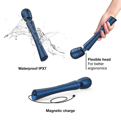 MAN.WAND EDGY Stellar Blue showing IPX7 waterproofing, a flexible head and magnetic charging.