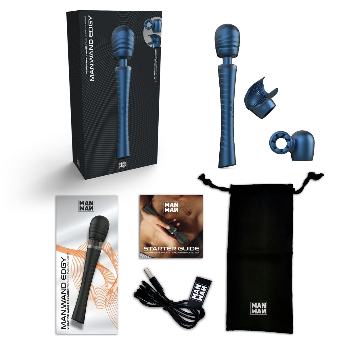 MAN.WAND EDGY Stellar Blue set with two attachments, charging cable, storage pouch, guides and packaging.