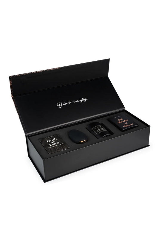 Naughty Gift Set: Black Truth or Dare Cards, Mimi, Massage Candle, Silk Blindfold & Restraint