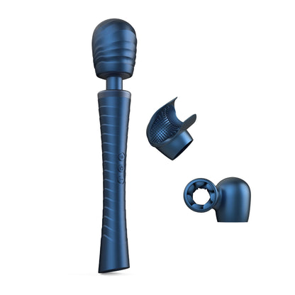 MAN.WAND EDGY Stellar Blue vibrating wand with two interchangeable attachments on a white background.