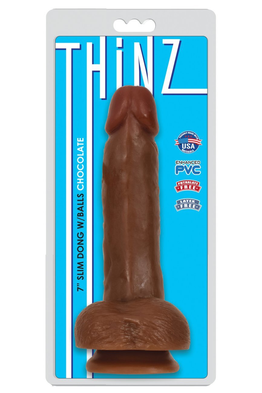 Thinz 7 Inch Slim Dildo with Balls - Dark Free Shipping